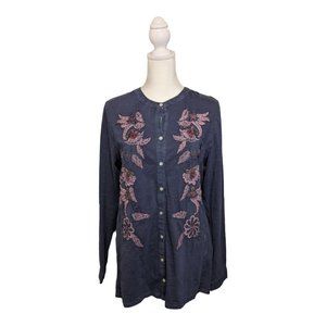 Soft Surroundings Women's Button-Up Shirt Western Floral Embroidered Blue Size M